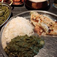 Saag aloo with chili garlic naan. at Dhaba@49 in West London