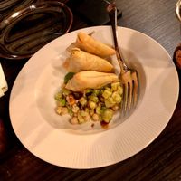 Vegan samosas.  at Dhaba@49 in West London