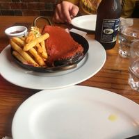 Eggplant parmiagana with regular chips (as polenta chips not vegan) at Black Bull in Geelong