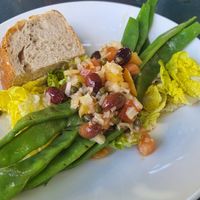 Grilled runner bean salad with artichoke cream and antiboise dressing at Hortus Botanicus in Amsterdam