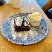 Chocolate brownie and ice cream  at Whins Kitchen in Wheelton