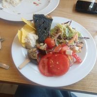 Little bit of everything from the lunch menu. Spinach pie, white bean dip with chips, eggplant skewers and 3 salads. Also served with a potato coconut soup.  at DaTerra - Parque das Nações in Lisbon