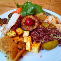 Curry tofu, eggplant, nacho, focaça and quinoa at DaTerra - Parque das Nações in Lisbon