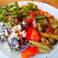 Coleslaw, beans with seitan, salads and pasta with broccoli at DaTerra - Parque das Nações in Lisbon