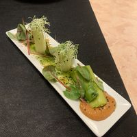 Baby leeks in romesco sauce / Puerros Tibios  at L'Encant Vegetaria in Barcelona