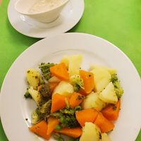 These are basic boiled veggies, but the sauce was delicious. at L'Encant Vegetaria in Barcelona
