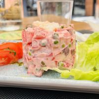 Ensaladilla russ with vegan gambas  at L'Encant Vegetaria in Barcelona