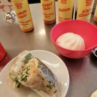 I ordered the rice paper roll, the vegetable bun and a homemade lemonade to drink ( the pink one with ginger ). Not bad expecially the bun. at Knees to Chin in Brussels