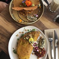 Corn fritters and chickpea omelette  at Plant Based Eatz in Gold Coast