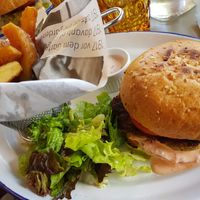 Vegan lentil burger with chips and cocktail sauce at Alter Schlachthof in Bressanone