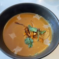 Soup of the day with corn, coconut, ginger with a mix of dumpling sauce   at Archway Verdun in Montreal