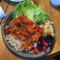 Red Thai curry (gf) (ve) + rice + salad = £7.50 at Ruskin Mill Cafe in Nailsworth