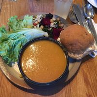 Butternut squash soup (ve) (gf) + salad + roll = £5  at Ruskin Mill Cafe in Nailsworth