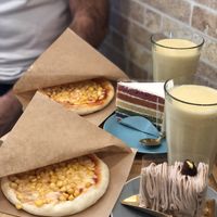 Corn pizza, rainbow cake and chestnut cake  at Shochiku-en in Tokyo