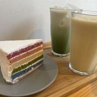 Rainbow cake, iced matcha latte and mango smoothie  at Shochiku-en in Tokyo
