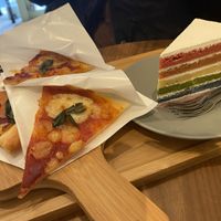 Pizza and rainbow cake - both yum but small   at Shochiku-en in Tokyo