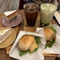 Vegan egg sandwich with teriyaki avocado soy burger, two cakes and an iced americano with soy latte  at Shochiku-en in Tokyo