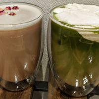 Hot rose tea with oat milk & cold matcha tea with vegan salty cheese. at Shochiku-en in Tokyo