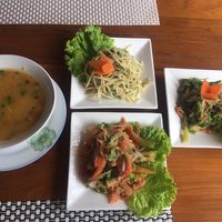 Lentil salad, papaya salad, tomato salad and asparagus salad at Great One in Nyaung-u