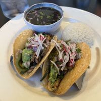 mushroom tacos with rice and beans  at Javier's in San Diego