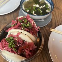Miso soup + vegan tofu bao buns  at Mofu Shoppe in Raleigh