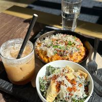 Kale caesar, mac & cheese, cold brew cocktail  at Virtuous Pie in Victoria