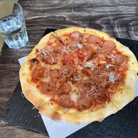 Hot pepperoni pizza  at Virtuous Pie in Victoria