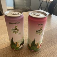 Iam fruit juices: lychee is very sweet and mangosteen is a bit sour sweet  at Saowapa in Utrecht