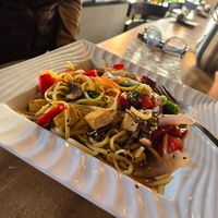 Vegan noodles - peppers, onions,  tofu, brocoli at Ayawaska in Petaluma