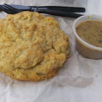 Vegan biscuit and vegan mushroom gravy.  at Good Thyme in Lakeland