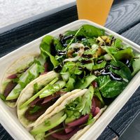 Vegan street tacos with side salad and mango kombucha on tap  at Good Thyme in Lakeland