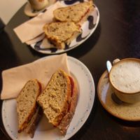 Tosta mista + caffè macchiato at Odete Bakery in Porto