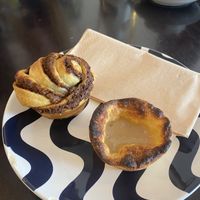 cinnamon roll, and vegan pastel de nata!  at Odete Bakery in Porto