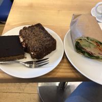 Caramel cake, banana bread and hummus wrap at The Fragrance of the Heart in Oslo