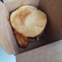 Plantain jackfruit cheese arepa- delicious! at Desmond's Island Soul Grill in Virginia Beach