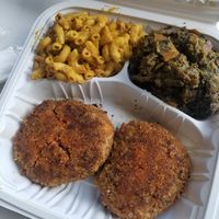 Krabcakes entree with mac n cheese and callaloo rundown- that mac!!! at Desmond's Island Soul Grill in Virginia Beach