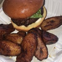 Lentil burger & fried plantains  at Desmond's Island Soul Grill in Virginia Beach