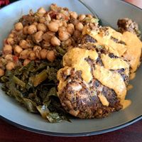 Crabcakes, collards and chickpeas at Desmond's Island Soul Grill in Virginia Beach