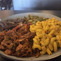 Jackfruit BBQ jerk and mushroom jerk with collards and Mac and the at Desmond's Island Soul Grill in Virginia Beach