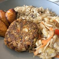 Krab cake, rice & peas, plantains   at Desmond's Island Soul Grill in Virginia Beach
