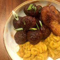 Guava-glazed lentilballs with plantains and mac & cheese at Desmond's Island Soul Grill in Virginia Beach