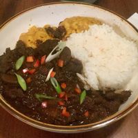 Ox-tail style mushrooms with jasmine rice and mac & cheese at Desmond's Island Soul Grill in Virginia Beach