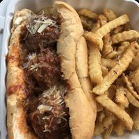 Lentil ball parm with truffle fries  at Desmond's Island Soul Grill in Virginia Beach