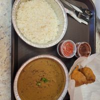 Black lentil dahl, rice, and samosas! at Curry Express in Somerville
