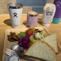 Vegan breakfast plate with almond milk chocolate mint latte and vegan mayo dressing at An39 in Osaka