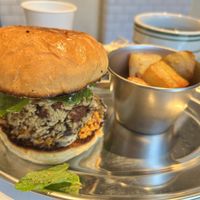 Yuba Creation Burger with fries and coffee  at Superiority Burger in Tokyo