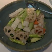 Stir fried yam, lily bulb, lotus root, celery  at Above & Beyond in Kowloon