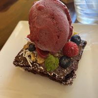 Walnut brownie with red fruit gelato  at Le' Kaat in Valladolid