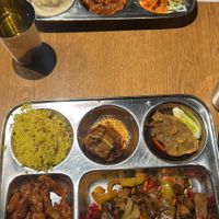 up: rice, wonton dumplings, vegan duck down: sweet sour soy chunks, koh pao  at Dhaba Beas - Slovansky Dum in Prague