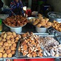 Products. At least fried banana (7k) and Chinese hollow doughnut (5k) are vegan. In the picture in the middle on the top row.  at Tiem Banh Huu Tri in Phu Quoc